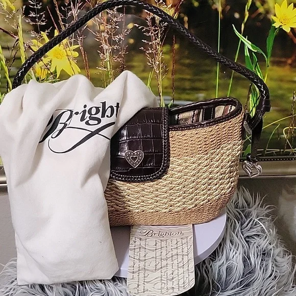 Brighton Woven Straw & Brown Leather Shoulder Bag w/ Heart Charm + Dust Bag - Picture 8 of 12